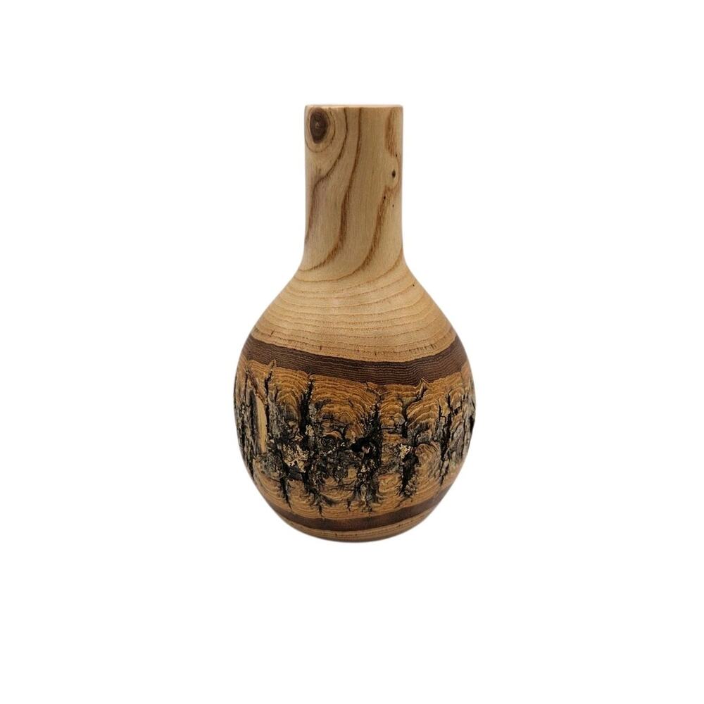 John Berglund Hand Turned Signed Raw Wood 5" Bud Vase Cabin Nature Art Decor